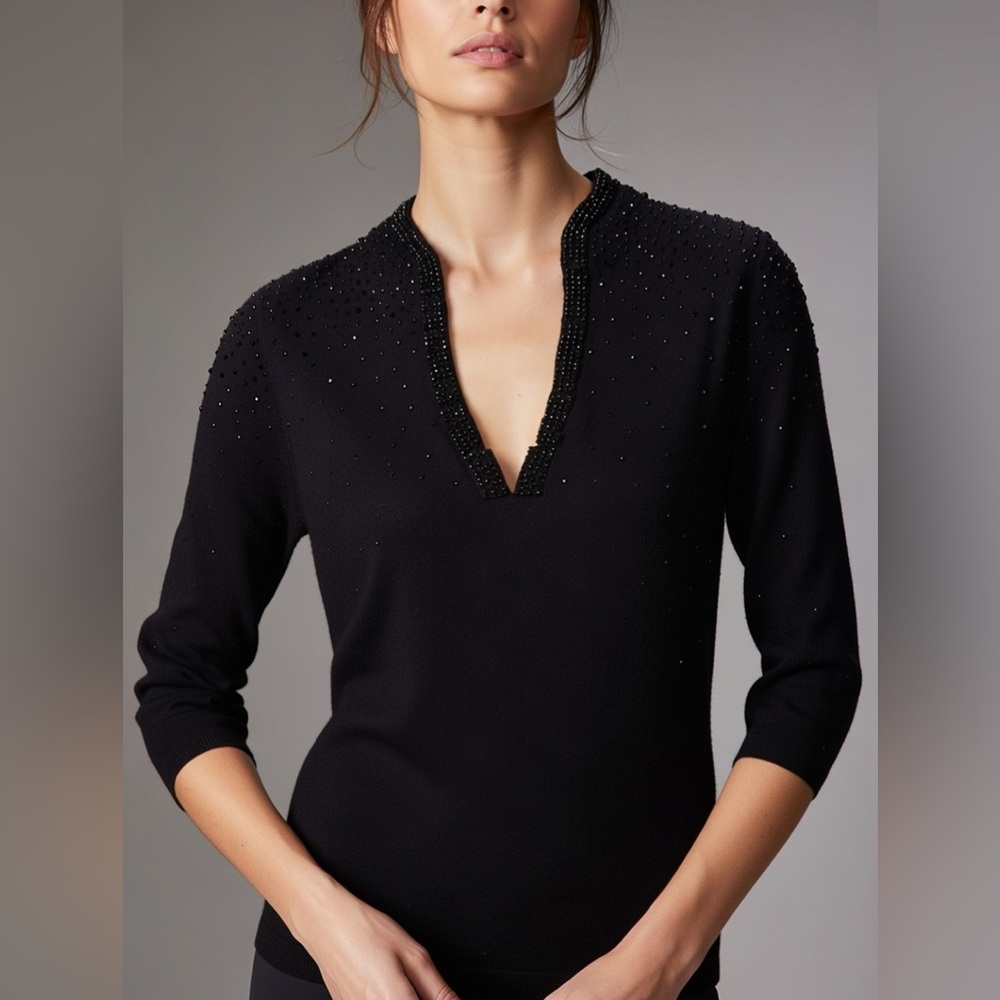 Tory Burch 100% Knit Wool Black Embellished Sweater 3/4 Sleeve Size M